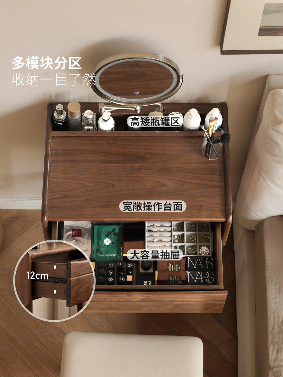 Solid wood modern light luxury makeup vanity, small apartment black walnut bedroom dressing table with storage